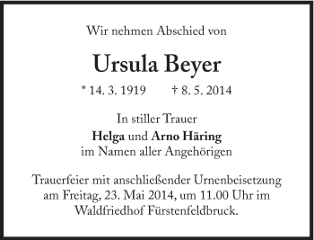 Traueranzeige von Ursula Beyer von Süddeutsche Zeitung