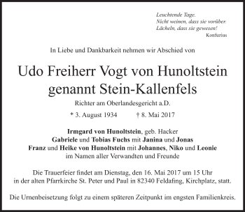 Traueranzeige von Udo Freiherr Vogt von Hunoltstein von Süddeutsche Zeitung